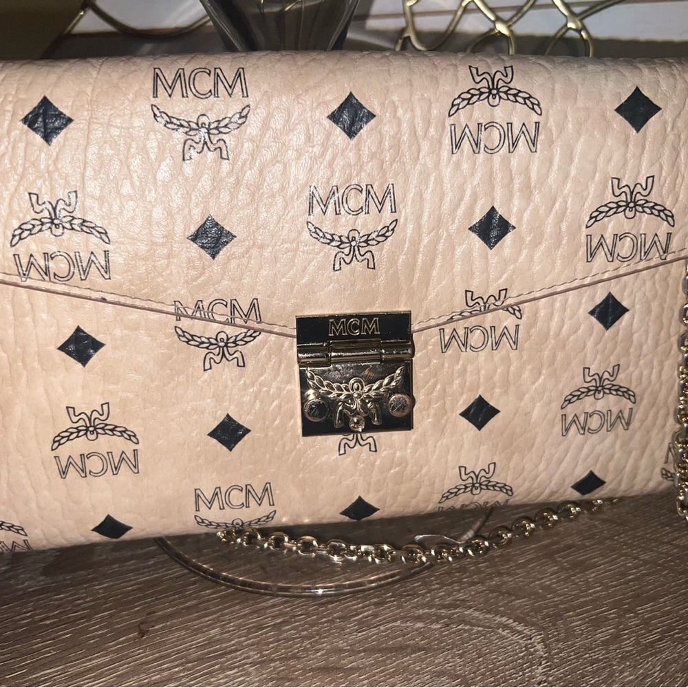MCM tan Purse with Gold chain